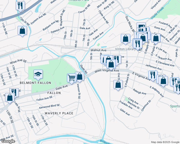 map of restaurants, bars, coffee shops, grocery stores, and more near 501 Etna Avenue in Vinton