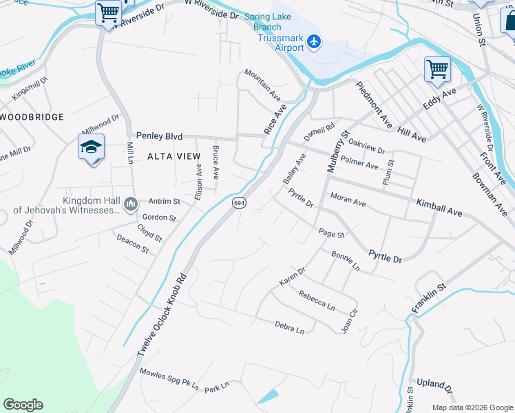 map of restaurants, bars, coffee shops, grocery stores, and more near 2240 Twelve Oclock Knob Road in Salem