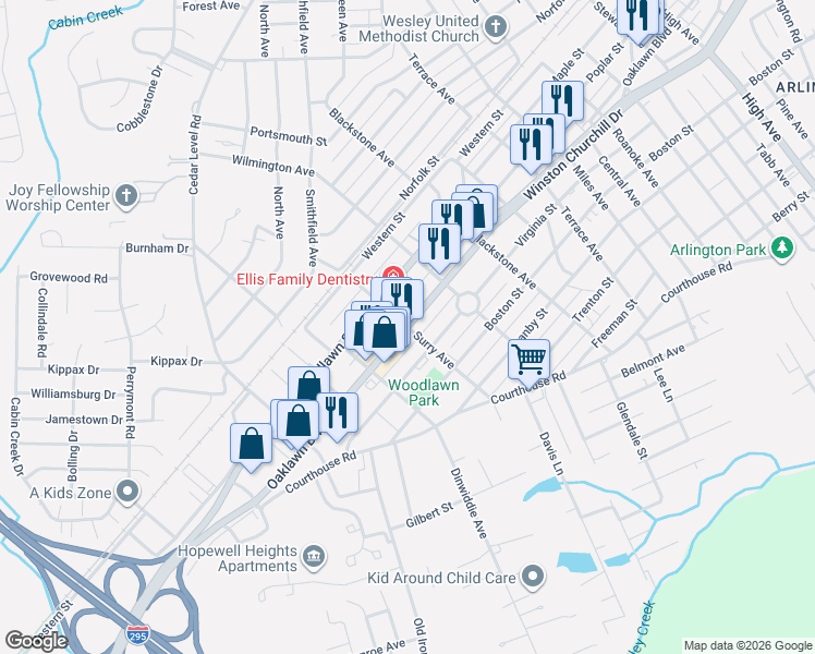 map of restaurants, bars, coffee shops, grocery stores, and more near 3421 Oaklawn Boulevard in Hopewell