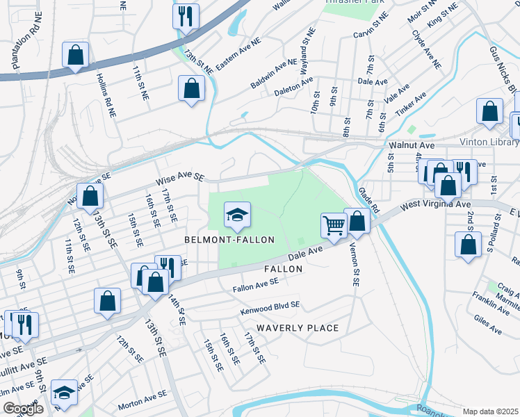 map of restaurants, bars, coffee shops, grocery stores, and more near Fallon Park Entrance in Roanoke