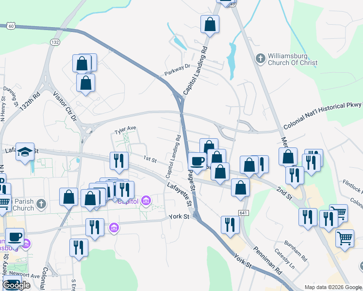 map of restaurants, bars, coffee shops, grocery stores, and more near 604 Capitol Landing Road in Williamsburg