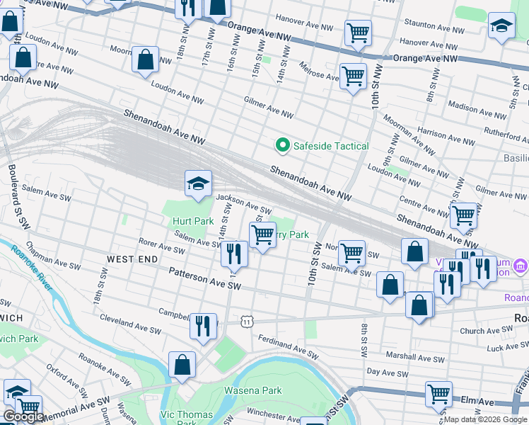 map of restaurants, bars, coffee shops, grocery stores, and more near 1259-1299 Jackson Avenue Southwest in Roanoke