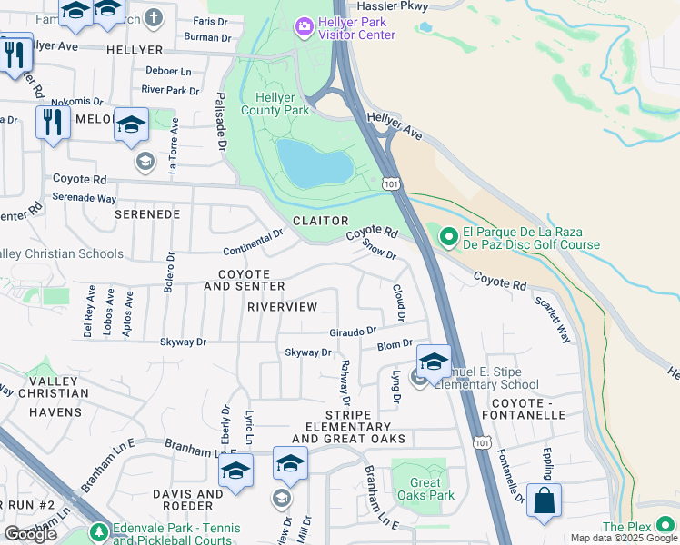 map of restaurants, bars, coffee shops, grocery stores, and more near 774 River View Drive in San Jose