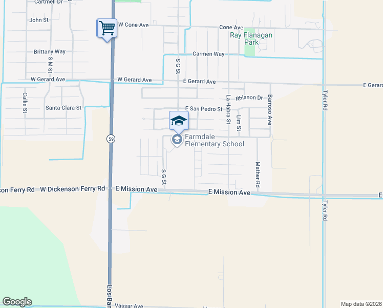 map of restaurants, bars, coffee shops, grocery stores, and more near 100 Winder Avenue in Merced