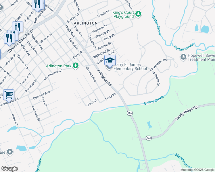 map of restaurants, bars, coffee shops, grocery stores, and more near 1900 Arlington Road in Hopewell