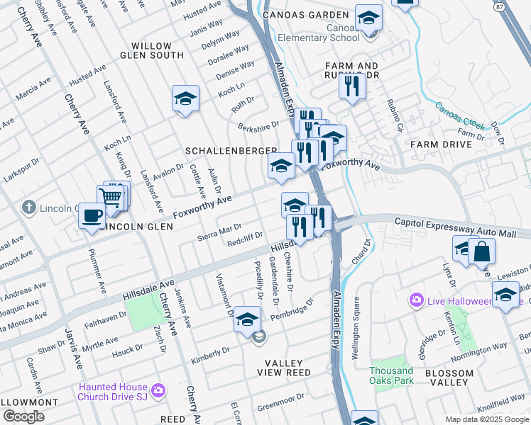 map of restaurants, bars, coffee shops, grocery stores, and more near 1221 Sierra Mar Drive in San Jose