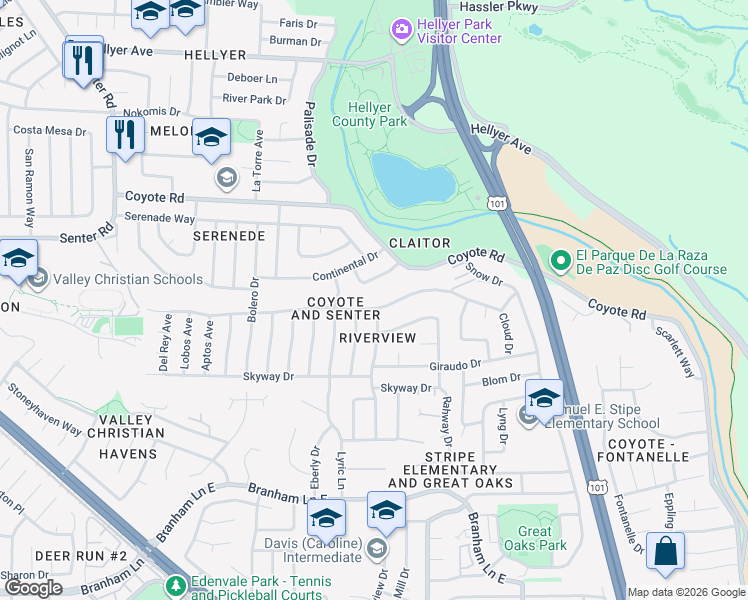 map of restaurants, bars, coffee shops, grocery stores, and more near 697 Adagio Way in San Jose