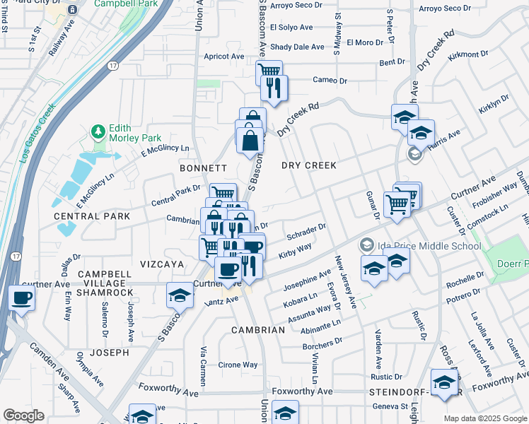 map of restaurants, bars, coffee shops, grocery stores, and more near 2542 South Bascom Avenue in Campbell
