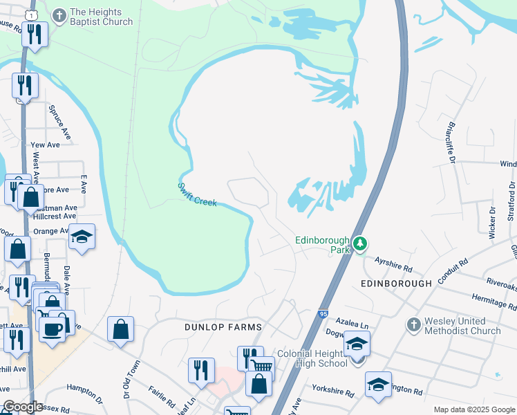 map of restaurants, bars, coffee shops, grocery stores, and more near 266 Bluffs Terrace in Colonial Heights