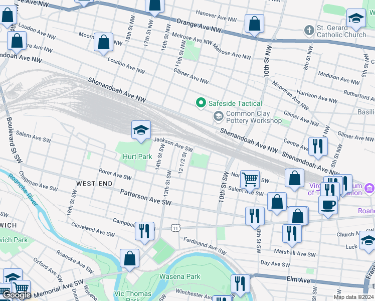 map of restaurants, bars, coffee shops, grocery stores, and more near 1259-1299 Jackson Avenue Southwest in Roanoke