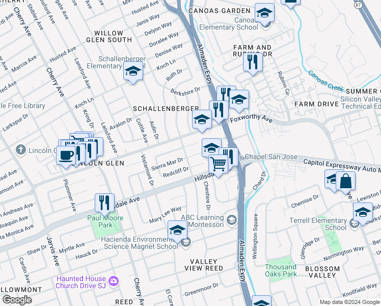 map of restaurants, bars, coffee shops, grocery stores, and more near 1221 Sierra Mar Drive in San Jose