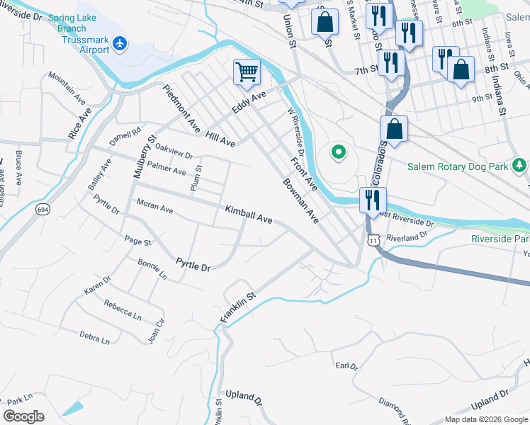 map of restaurants, bars, coffee shops, grocery stores, and more near 400 Pyrtle Drive in Salem