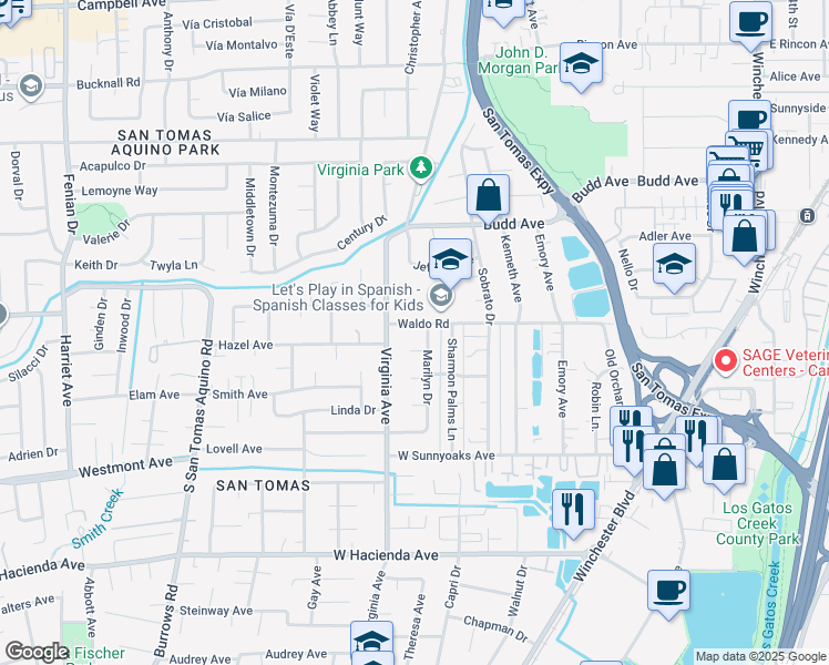 map of restaurants, bars, coffee shops, grocery stores, and more near 816 Waldo Road in Campbell