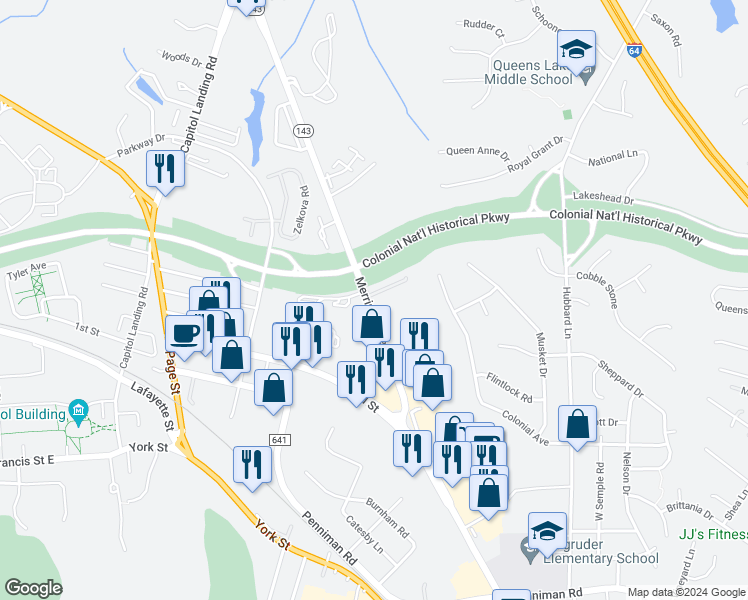 map of restaurants, bars, coffee shops, grocery stores, and more near 2 Priorslee Lane in Williamsburg