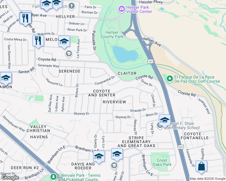 map of restaurants, bars, coffee shops, grocery stores, and more near 697 Adagio Way in San Jose