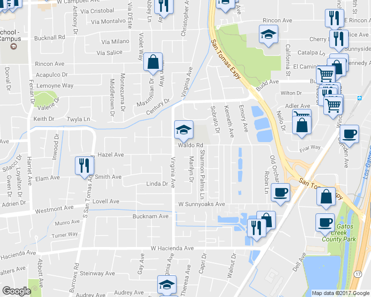 map of restaurants, bars, coffee shops, grocery stores, and more near 816 Waldo Road in Campbell