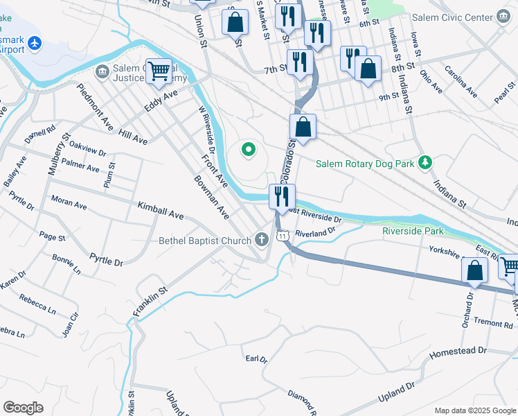map of restaurants, bars, coffee shops, grocery stores, and more near 124 W Riverside Dr in Salem