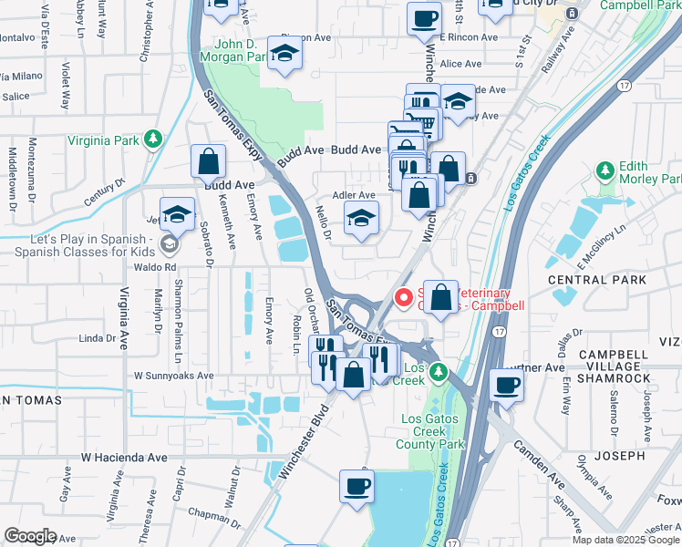map of restaurants, bars, coffee shops, grocery stores, and more near 303 Friar Way in Campbell