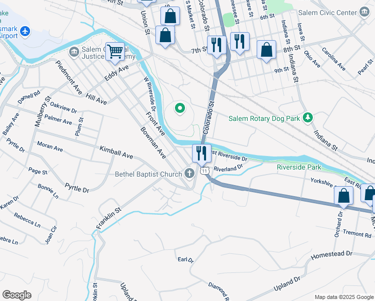 map of restaurants, bars, coffee shops, grocery stores, and more near 124 West Riverside Drive in Salem