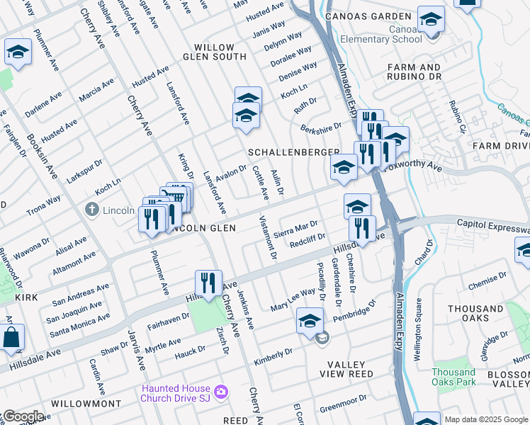 map of restaurants, bars, coffee shops, grocery stores, and more near 3004 Vistamont Drive in San Jose