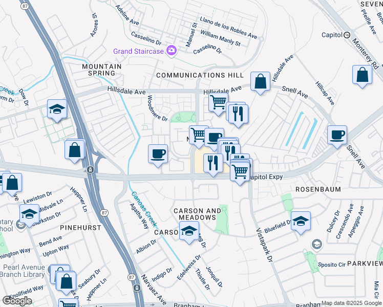 map of restaurants, bars, coffee shops, grocery stores, and more near 3641 Copperfield Drive in San Jose