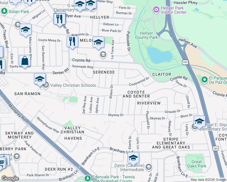 map of restaurants, bars, coffee shops, grocery stores, and more near 562 Continental Drive in San Jose