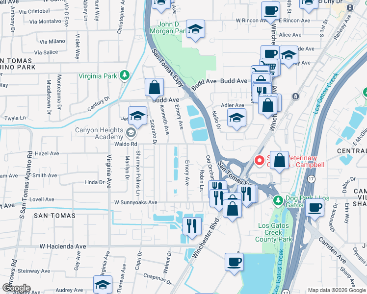map of restaurants, bars, coffee shops, grocery stores, and more near 730 Emory Avenue in Campbell