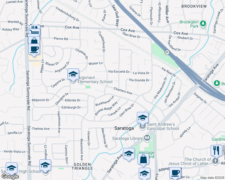 map of restaurants, bars, coffee shops, grocery stores, and more near 13196 Cumberland Drive in Saratoga