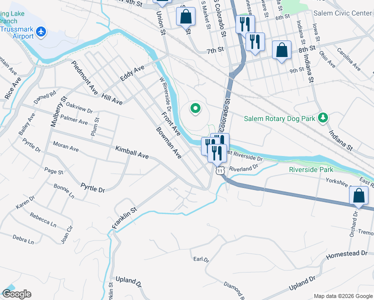 map of restaurants, bars, coffee shops, grocery stores, and more near 201-299 Front Avenue in Salem
