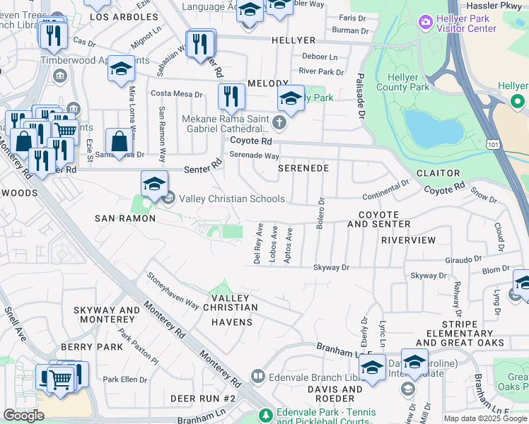map of restaurants, bars, coffee shops, grocery stores, and more near 383 River View Drive in San Jose