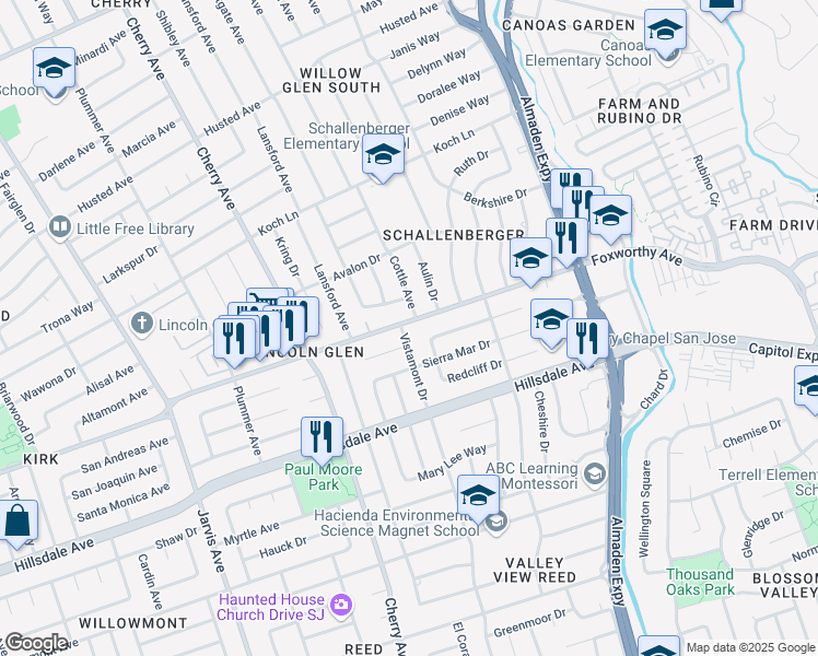 map of restaurants, bars, coffee shops, grocery stores, and more near 3004 Vistamont Drive in San Jose