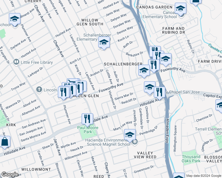 map of restaurants, bars, coffee shops, grocery stores, and more near 3004 Vistamont Drive in San Jose