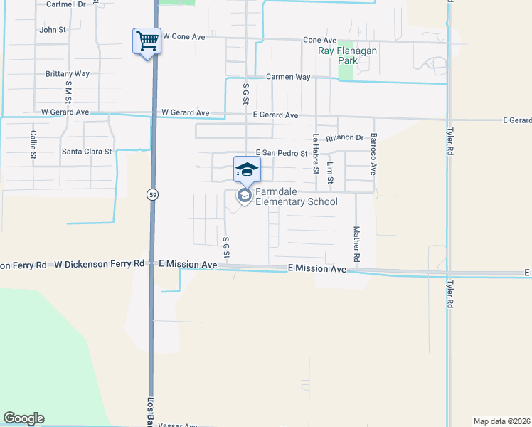 map of restaurants, bars, coffee shops, grocery stores, and more near 100 Winder Avenue in Merced