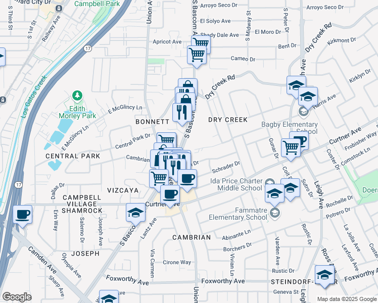 map of restaurants, bars, coffee shops, grocery stores, and more near 2542 South Bascom Avenue in Campbell
