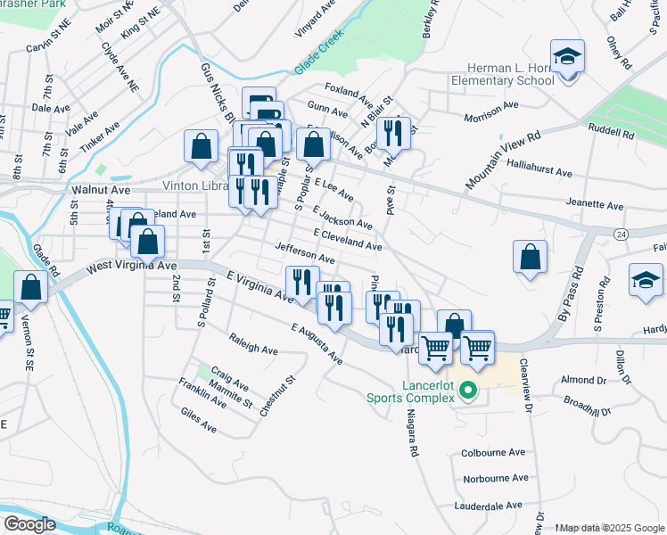 map of restaurants, bars, coffee shops, grocery stores, and more near 425 Jefferson Avenue in Vinton