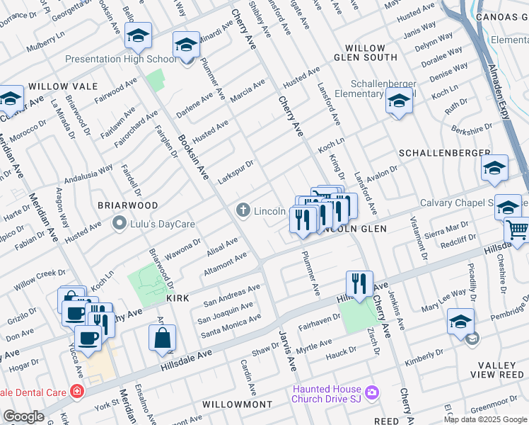 map of restaurants, bars, coffee shops, grocery stores, and more near 2641 Plummer Avenue in San Jose