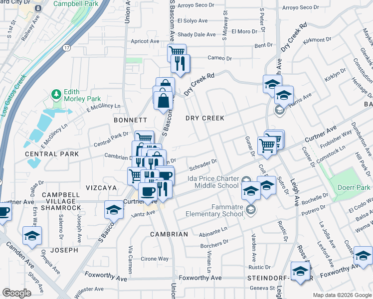map of restaurants, bars, coffee shops, grocery stores, and more near 1993 Harris Avenue in San Jose