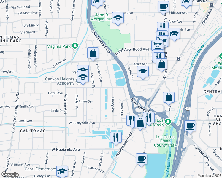 map of restaurants, bars, coffee shops, grocery stores, and more near 730 Emory Avenue in Campbell