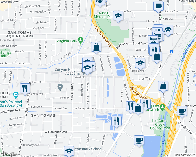 map of restaurants, bars, coffee shops, grocery stores, and more near 735 Sobrato Drive in Campbell