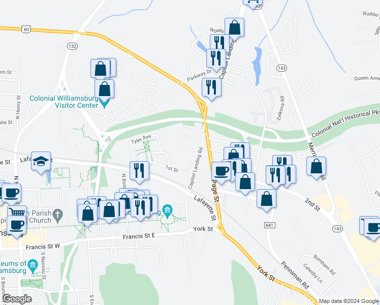 map of restaurants, bars, coffee shops, grocery stores, and more near 113 Washington Street in Williamsburg