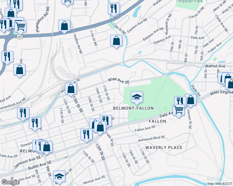 map of restaurants, bars, coffee shops, grocery stores, and more near 201 18th Street Southeast in Roanoke
