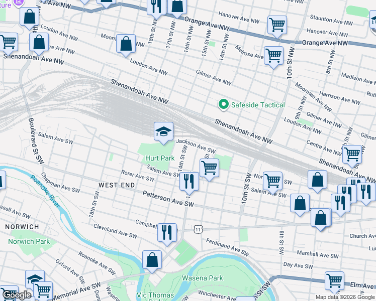 map of restaurants, bars, coffee shops, grocery stores, and more near 4 14th Street Southwest in Roanoke