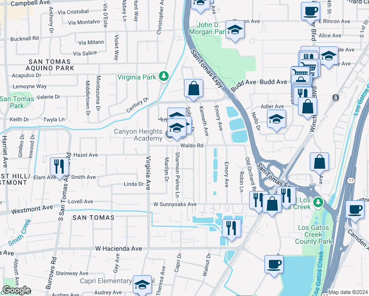 map of restaurants, bars, coffee shops, grocery stores, and more near 680 Waldo Road in Campbell
