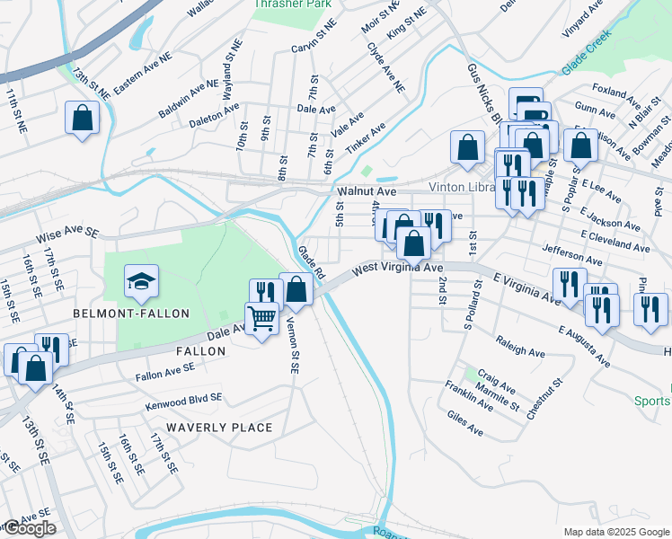 map of restaurants, bars, coffee shops, grocery stores, and more near 501 Etna Avenue in Vinton