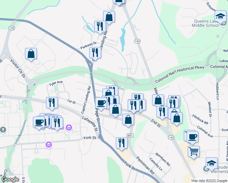 map of restaurants, bars, coffee shops, grocery stores, and more near 160 Parkway Court in Williamsburg
