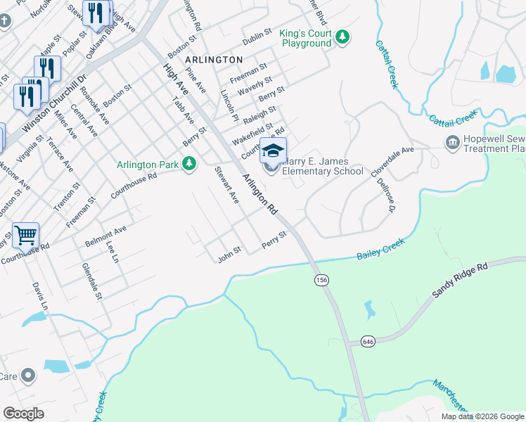 map of restaurants, bars, coffee shops, grocery stores, and more near 1900 Arlington Road in Hopewell