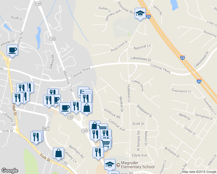 map of restaurants, bars, coffee shops, grocery stores, and more near 521 Musket Drive in Williamsburg