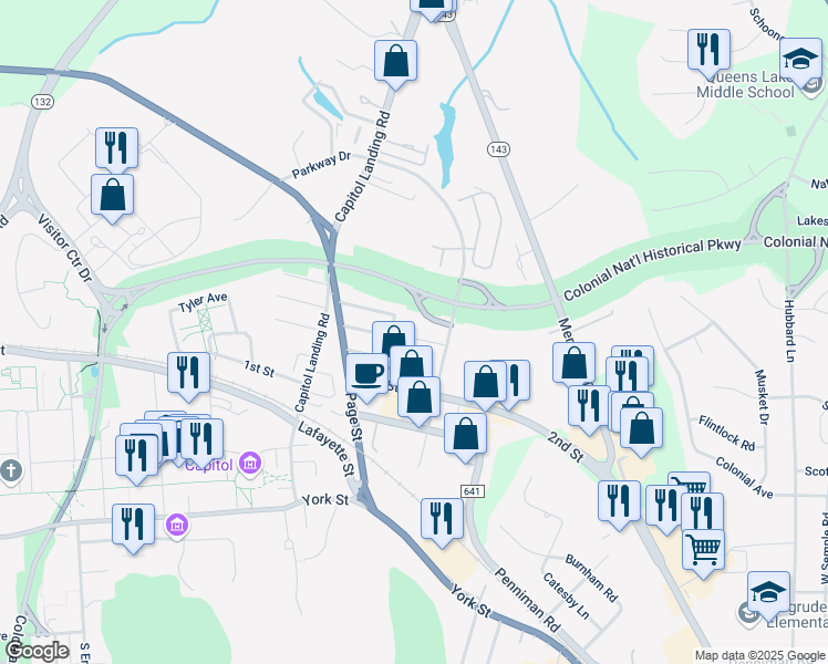map of restaurants, bars, coffee shops, grocery stores, and more near 160 Parkway Court in Williamsburg