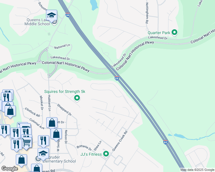 map of restaurants, bars, coffee shops, grocery stores, and more near 408 Queensbury Lane in Williamsburg