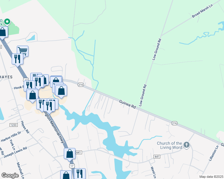 map of restaurants, bars, coffee shops, grocery stores, and more near 7801 Guinea Road in Gloucester County